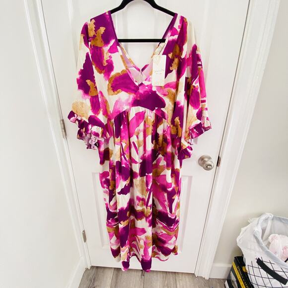 Made in Italy Dress Womens Large Pink Purple Floral Boho Caftan Maxi Ruffle NWT - Picture 1 of 7